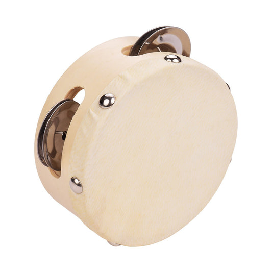 4-Inch Handheld Wooden Tambourine with Metal Jingles and Sheepskin Drum