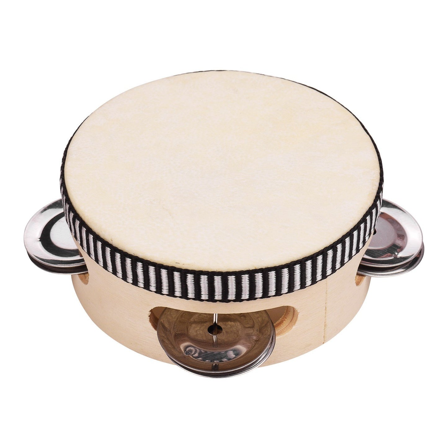 4 Wooden Handheld Tambourine with Single Row Metal Jingles and Sheepskin Drumhead