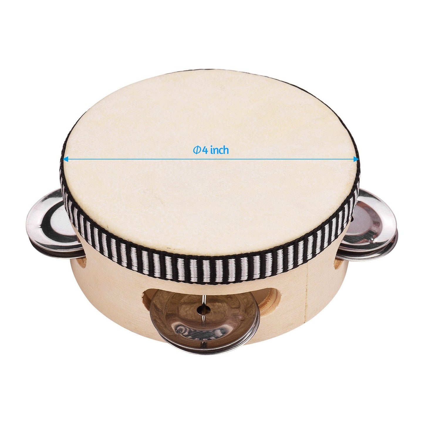 4 Wooden Handheld Tambourine with Single Row Metal Jingles and Sheepskin Drumhead