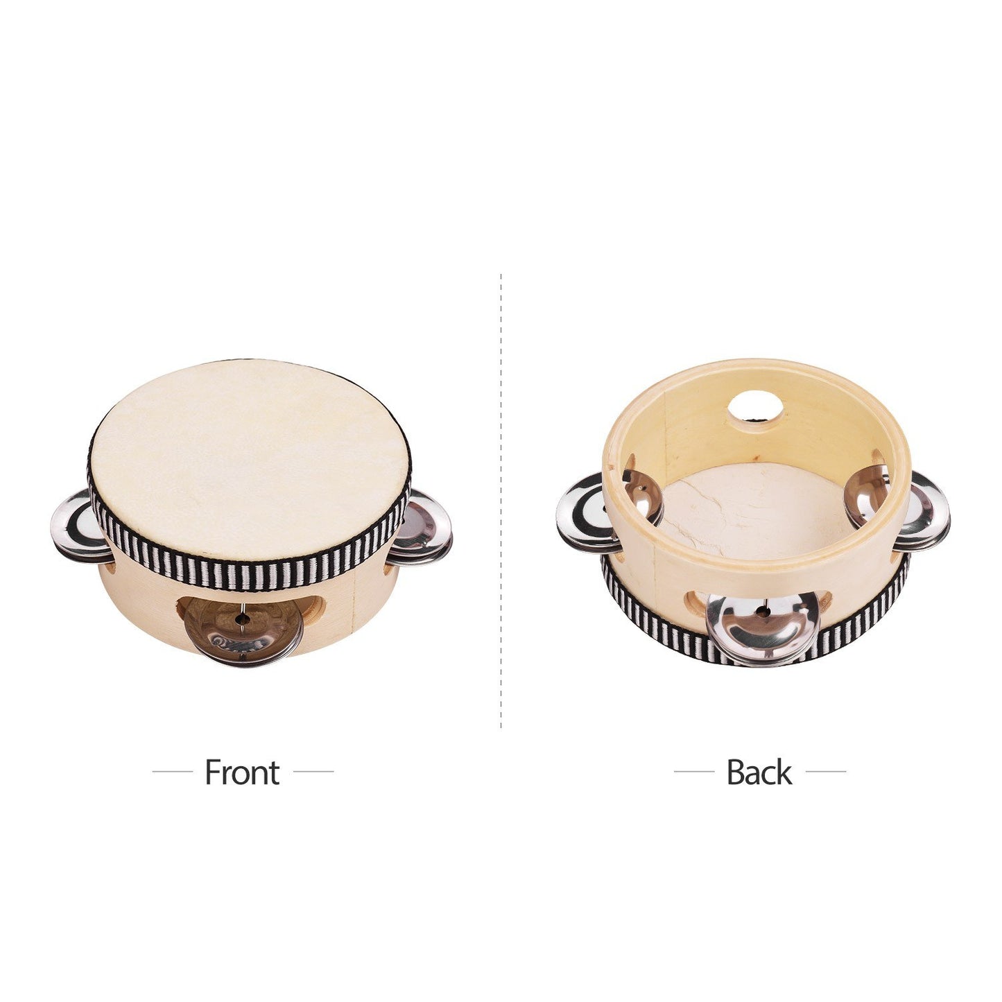 4 Wooden Handheld Tambourine with Single Row Metal Jingles and Sheepskin Drumhead