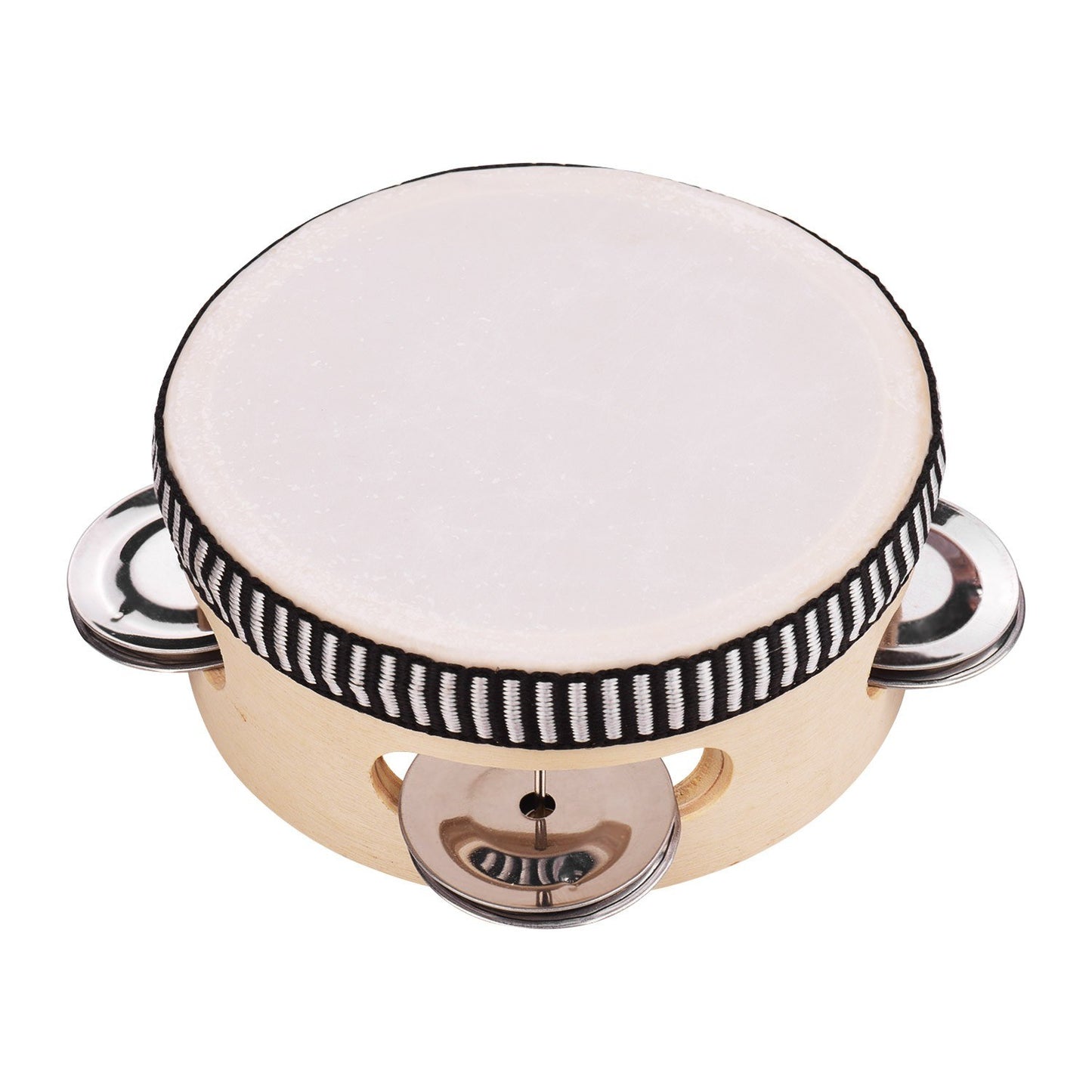 4 Wooden Handheld Tambourine with Single Row Metal Jingles and Sheepskin Drumhead