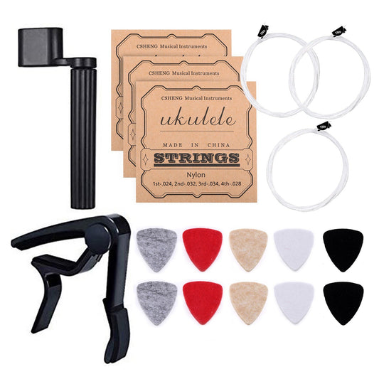 Complete Ukulele & Guitar Toolkit: 10 Felt Picks (Random Colors), 3 String Sets, Clip-on Capo, String Winder for 21-26 Inch Instruments