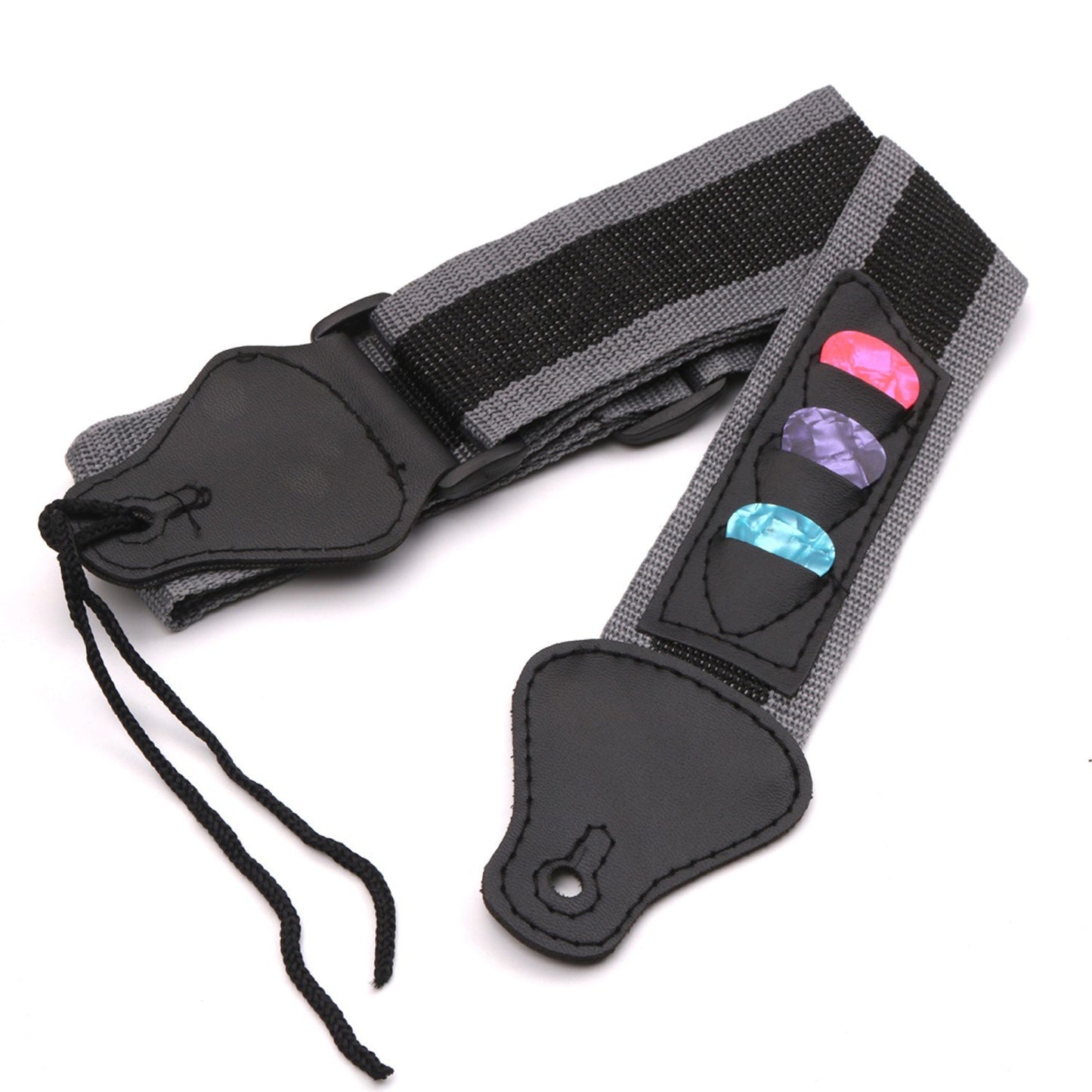 Adjustable Guitar Strap for Electric/Acoustic/Bass with 3 Pick Holders, Braided Nylon, PU Leather Ends + 3 Celluloid Picks