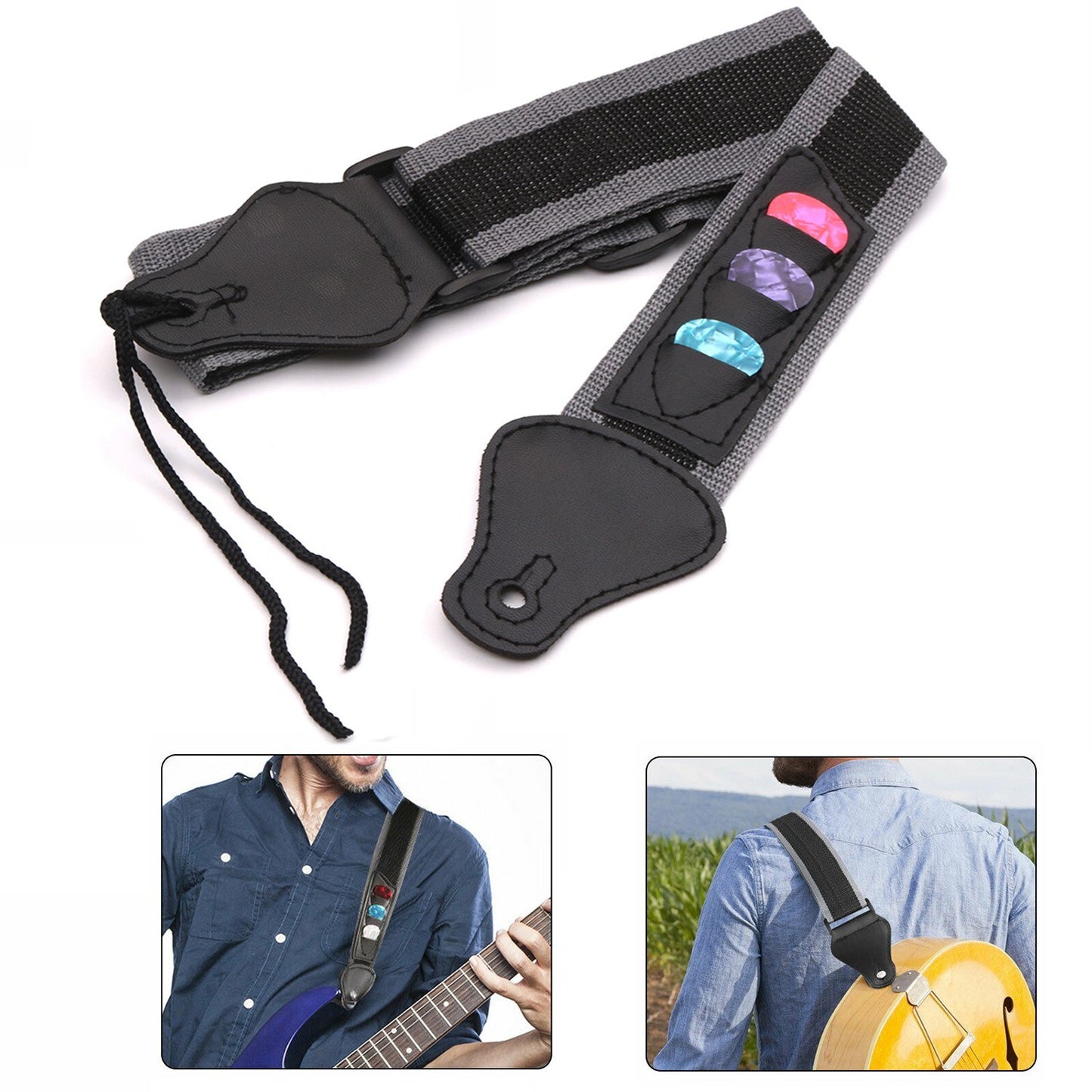 Adjustable Guitar Strap for Electric/Acoustic/Bass with 3 Pick Holders, Braided Nylon, PU Leather Ends + 3 Celluloid Picks