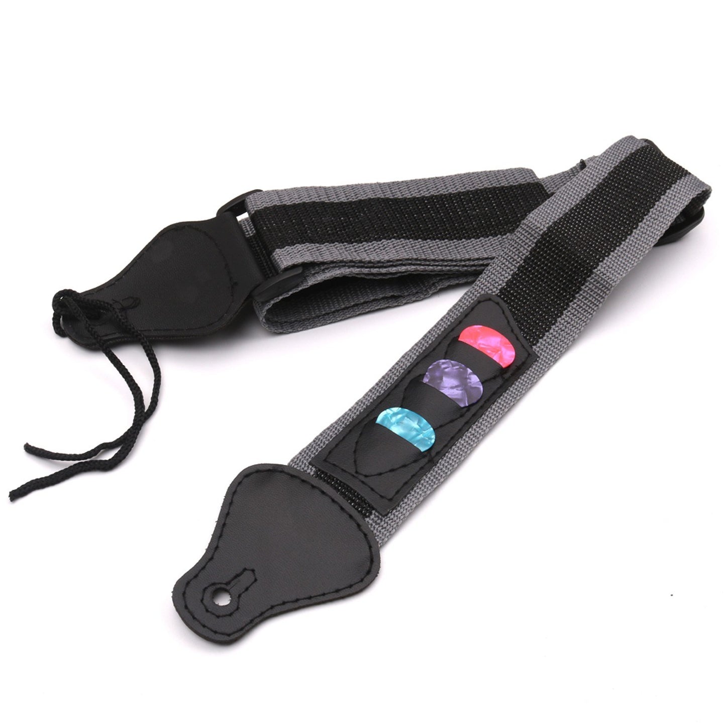 Adjustable Guitar Strap for Electric/Acoustic/Bass with 3 Pick Holders, Braided Nylon, PU Leather Ends + 3 Celluloid Picks