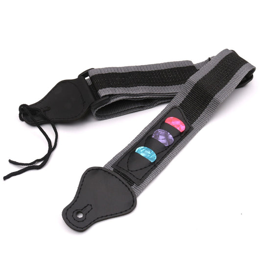 Adjustable Guitar Strap for Electric/Acoustic/Bass with 3 Pick Holders, Braided Nylon, PU Leather Ends + 3 Celluloid Picks