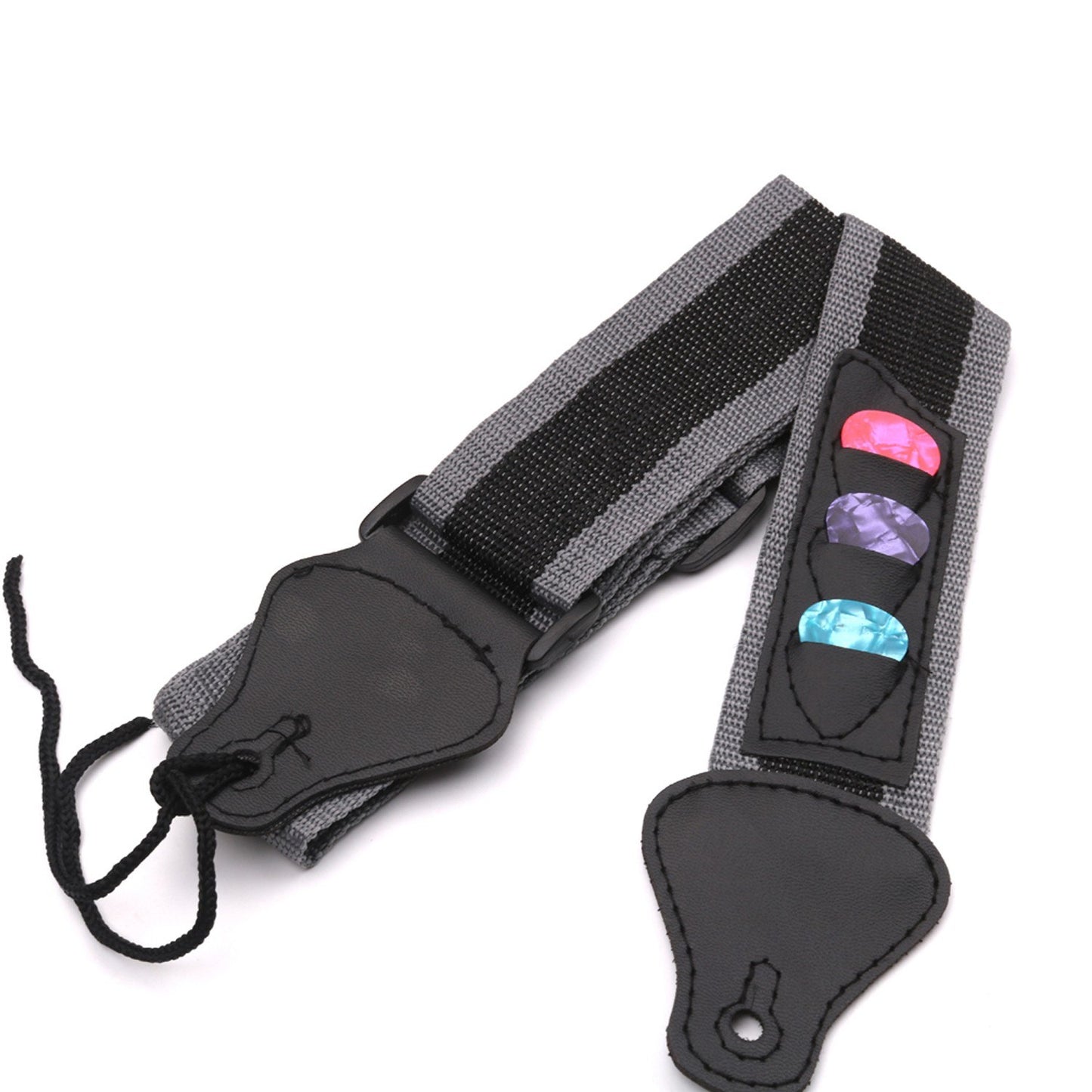 Adjustable Guitar Strap for Electric/Acoustic/Bass with 3 Pick Holders, Braided Nylon, PU Leather Ends + 3 Celluloid Picks