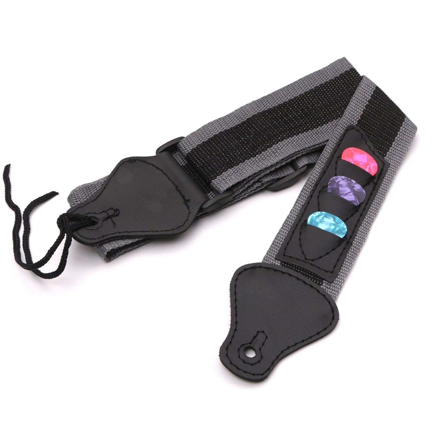 Adjustable Guitar Strap for Electric/Acoustic/Bass with 3 Pick Holders, Braided Nylon, PU Leather Ends + 3 Celluloid Picks