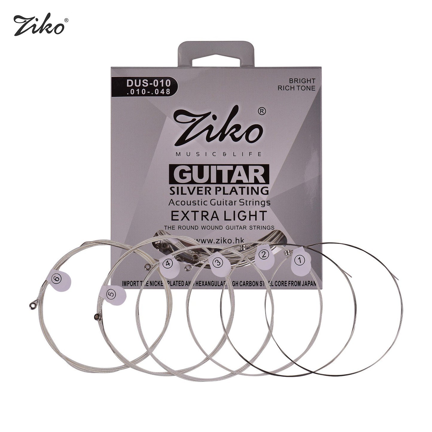 ZIKO DUS-010 Extra Light Acoustic Folk Guitar Strings, Silver Plated Hexagon Alloy, Corrosion Resistant, 6-String Set