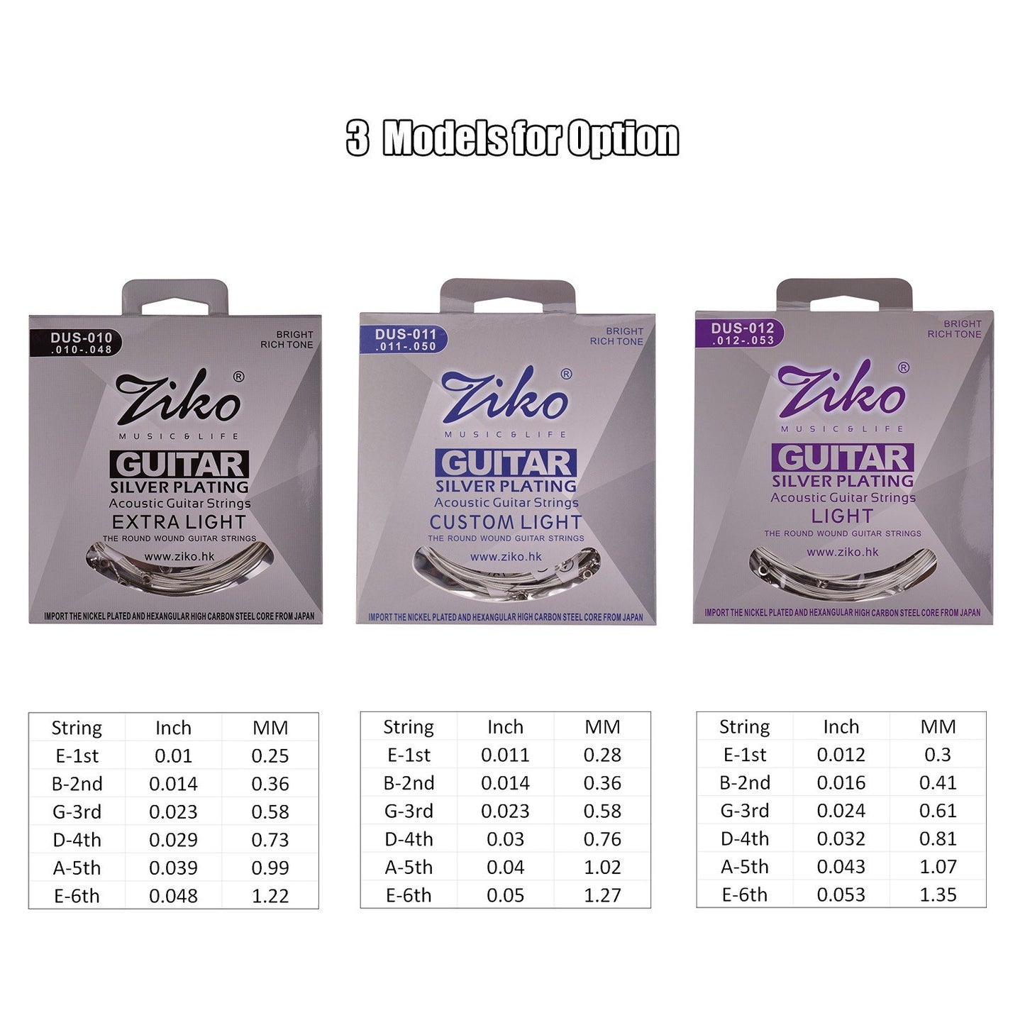 ZIKO DUS-010 Extra Light Acoustic Folk Guitar Strings, Silver Plated Hexagon Alloy, Corrosion Resistant, 6-String Set