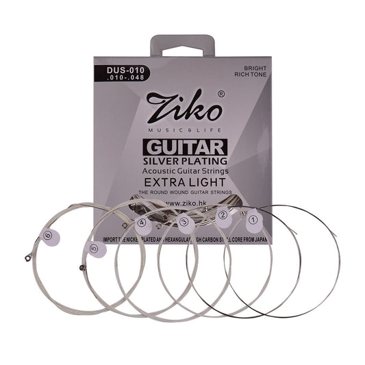 ZIKO DUS-010 Extra Light Acoustic Folk Guitar Strings, Silver Plated Hexagon Alloy, Corrosion Resistant, 6-String Set