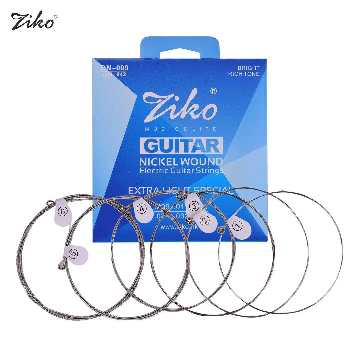 ZIKO DN-009 Electric Guitar Strings Set, Extra Light, Hex Core, Nano Coated Nickel, 6pcs