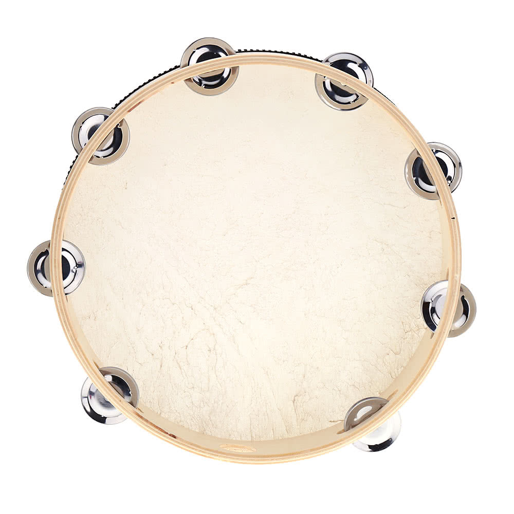 10-Inch Handheld Tambourine Drum with Metal Jingles and Birch Frame