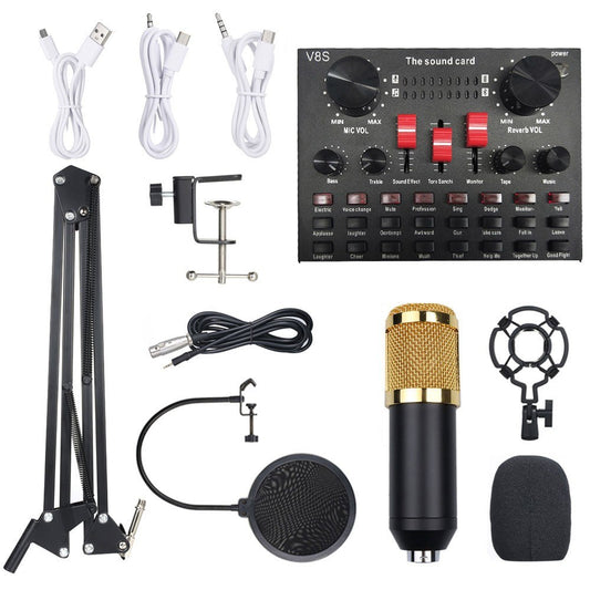 BM800 Microphone Set with Multi-functional Live Sound Card in Black & Gold for Audio Recording