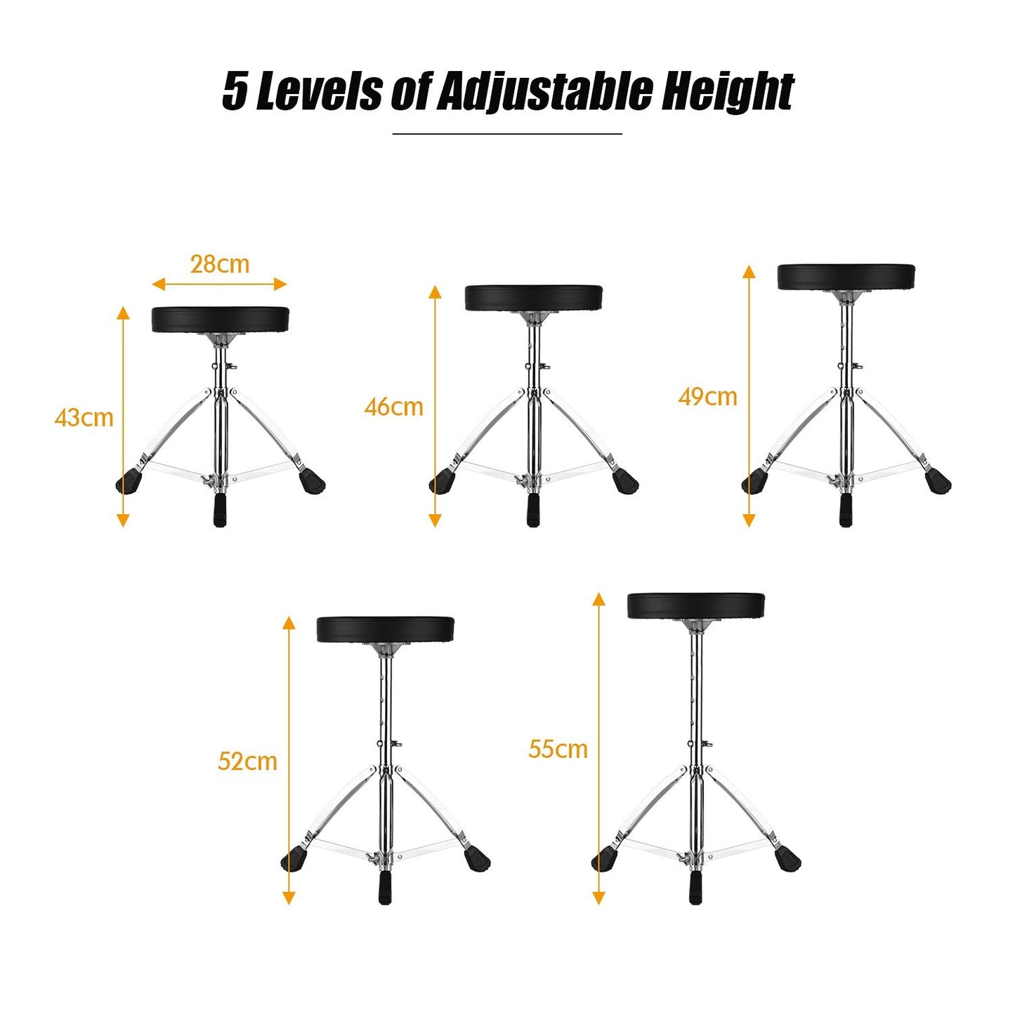 Universal Drum Throne - Round Padded Seat, Double-Braced Stainless Steel Legs, Anti-Slip