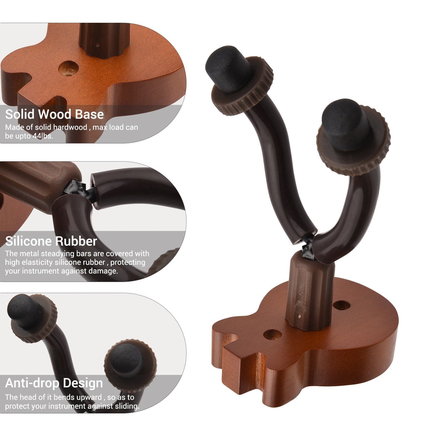 Solid Wood Guitar Wall Mount Hanger with Metal Steadying Bars for Acoustic, Electric, Bass Guitars & Ukulele