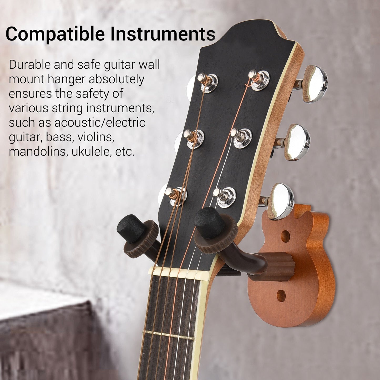 Solid Wood Guitar Wall Mount Hanger with Metal Steadying Bars for Acoustic, Electric, Bass Guitars & Ukulele
