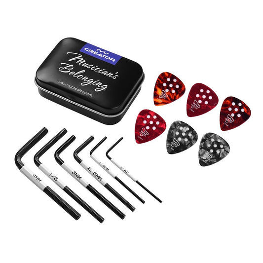 Comprehensive Guitar Maintenance Kit: 6 Allen Wrenches & 6 Non-slip Picks with Metal Case