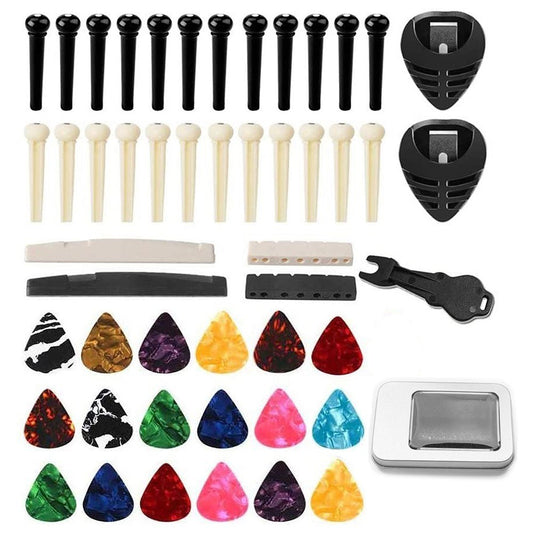 Complete Acoustic Folk Guitar Accessories Set: Bridge Pins, Nuts, Celluloid Picks, Pick Holders & Bridge Pin Puller