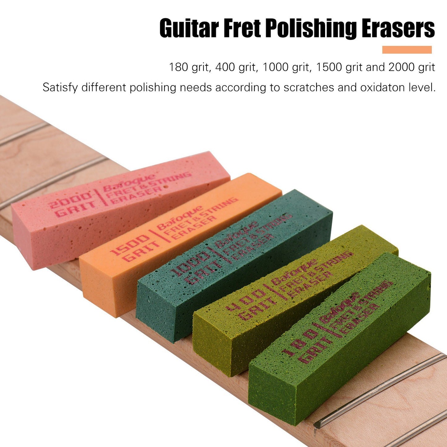 Guitar Fret Polishing Erasers - Abrasive Rubber Blocks in 180, 400, 1000, 1500, and 2000 Grit