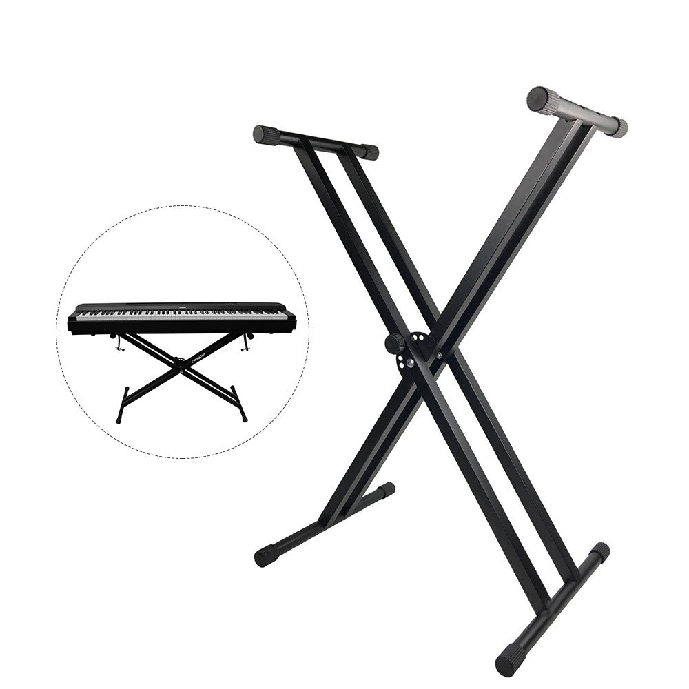 Adjustable Portable Heavy Duty X-Style Piano Keyboard Stand with Anchoring Strap - Black