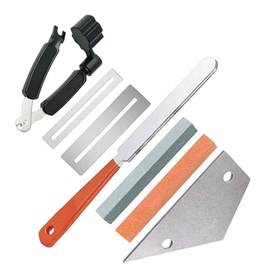 Luthier Guitar Repair Kit: Fret Crowning File, 3-in-1 String Winder & Cutter, Fret Rocker, Fingerboard Guard, Grinding Stone
