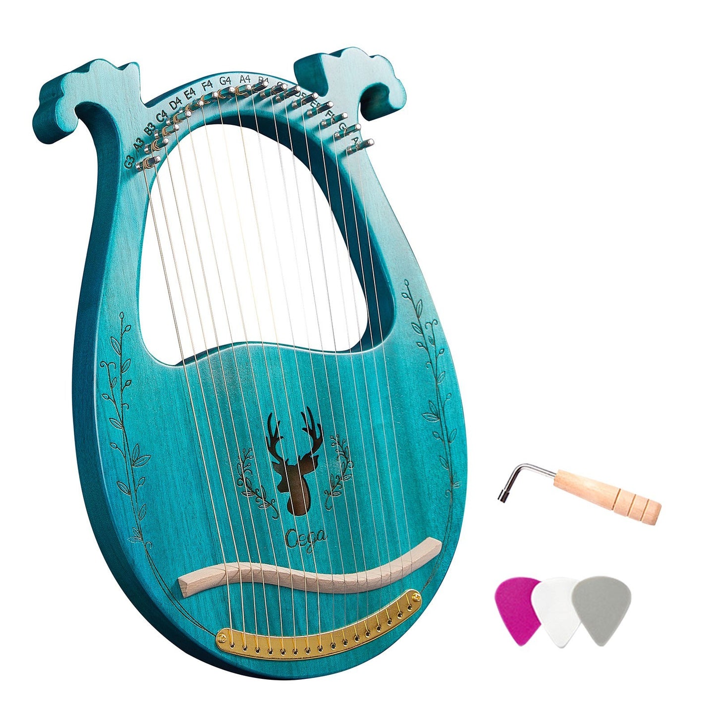16-String Wooden Lyre Harp with Resonance Box, Tuning Wrench, and 3 Picks