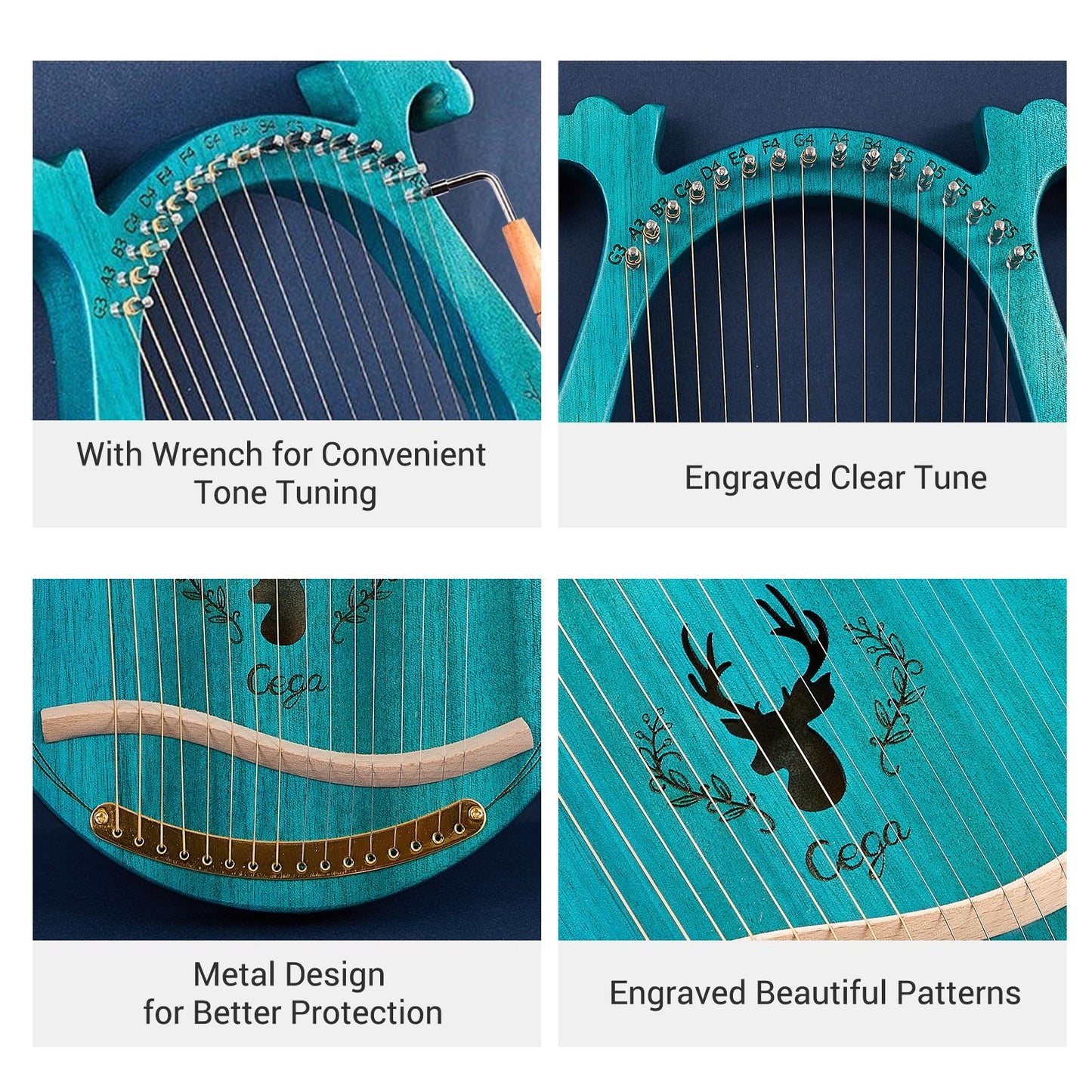 16-String Wooden Lyre Harp with Resonance Box, Tuning Wrench, and 3 Picks