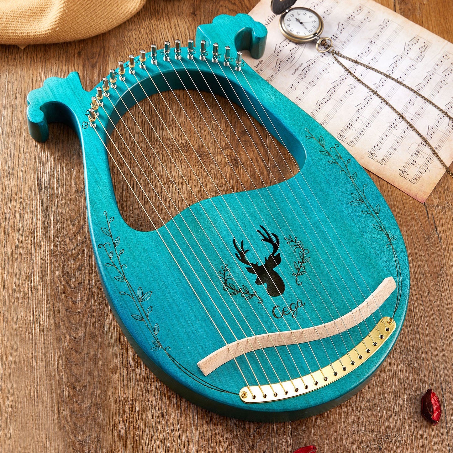 16-String Wooden Lyre Harp with Resonance Box, Tuning Wrench, and 3 Picks
