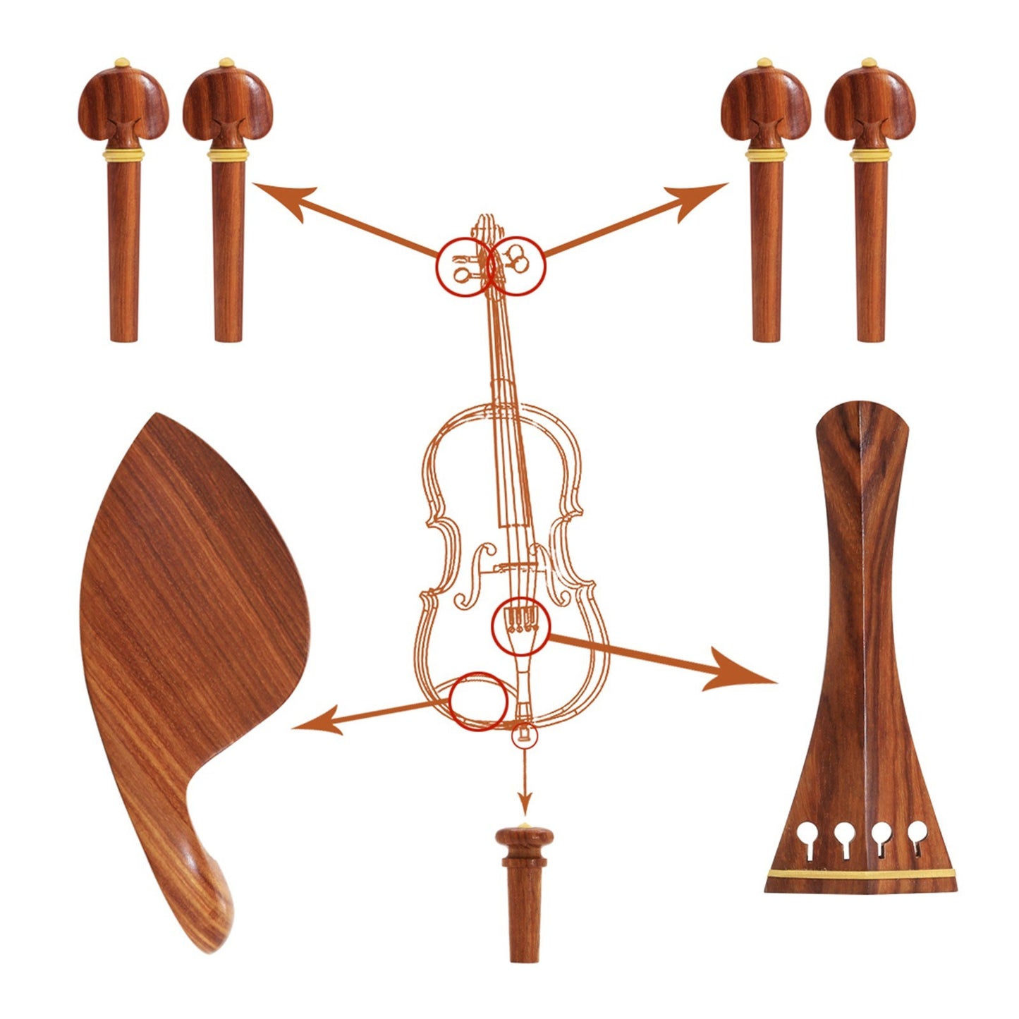Muslady 4/4 Violin Accessory Set - Red Solid Wood with Tailpiece, Chin Rest, End Pin, Tuning Pegs
