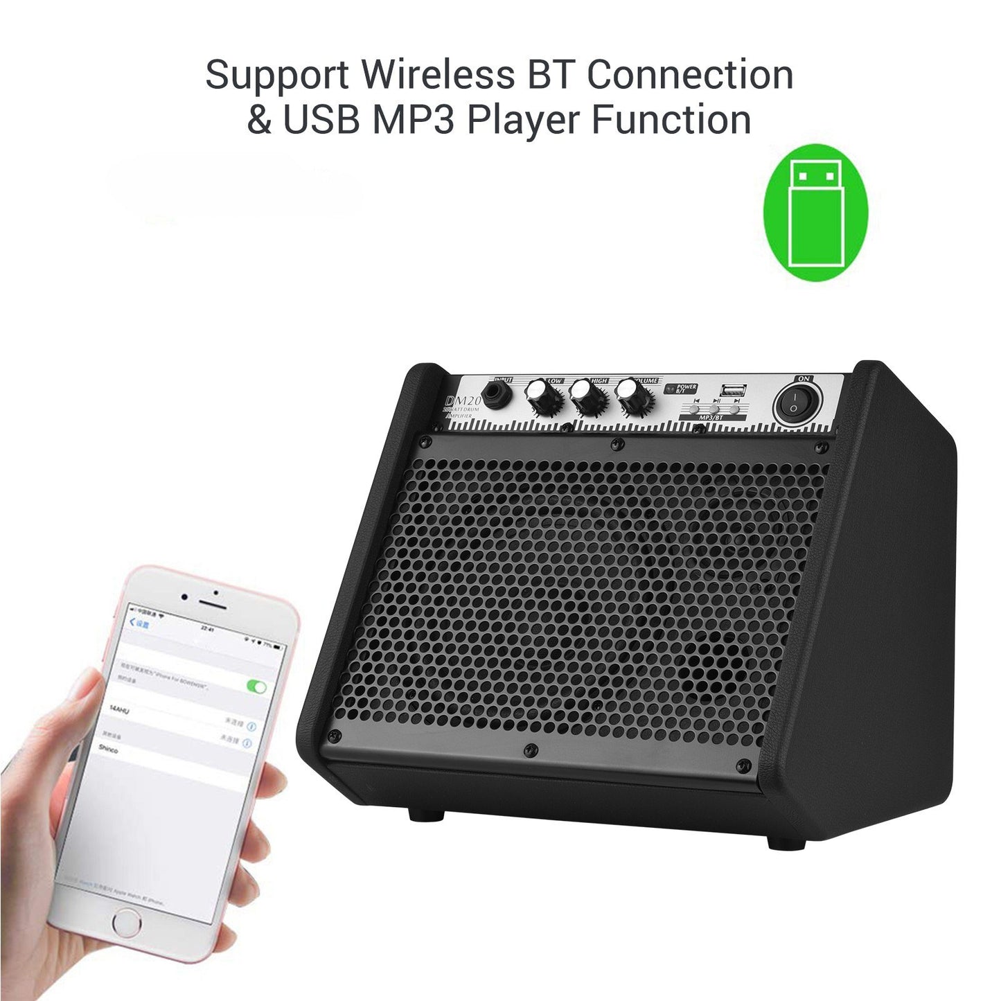COOLMUSIC DM20 20W Electric Drum & Keyboard Amplifier with Wireless BT Speaker