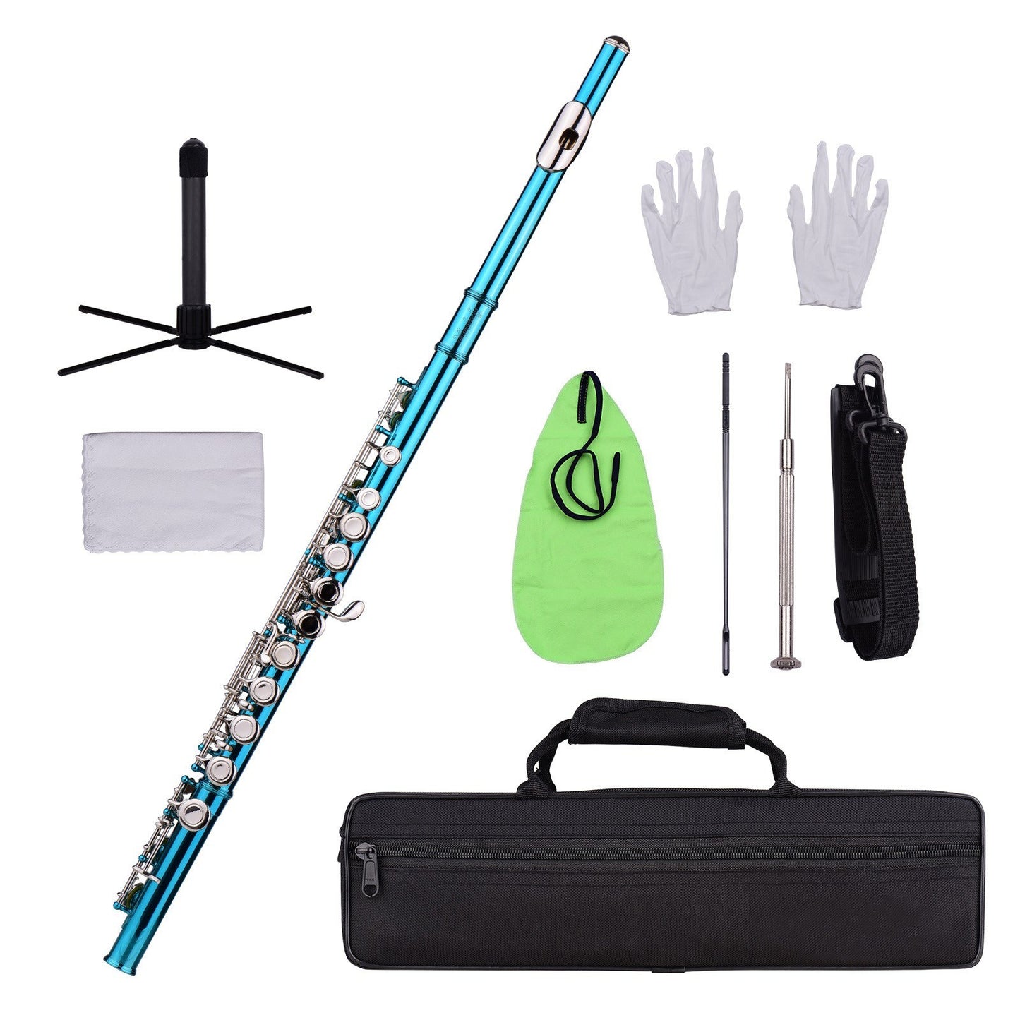 Nickel-Plated Cupronickel C Flute, 16 Keys, Closed Hole Wind Instrument