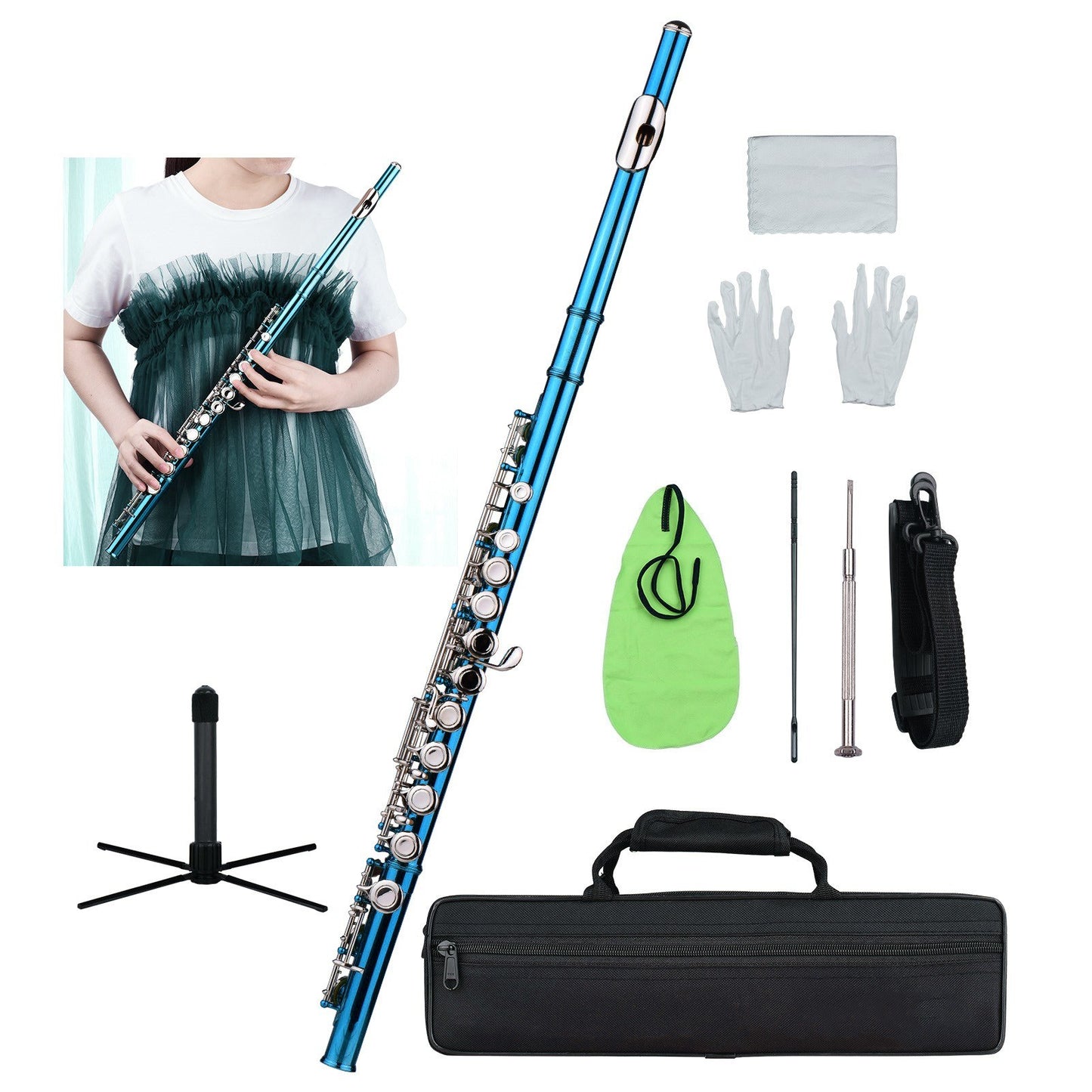 Nickel-Plated Cupronickel C Flute, 16 Keys, Closed Hole Wind Instrument