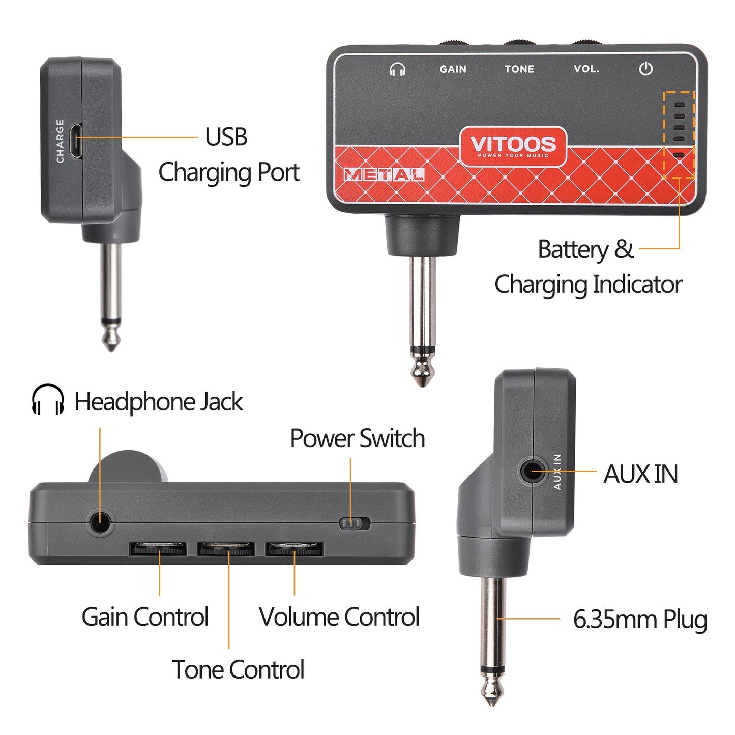 VITOOS METAL Guitar Headphone Amplifier with 1/4 Plug, 3.5mm Jack, Aux In, Gain, Tone & Volume Controls, Rechargeable Battery
