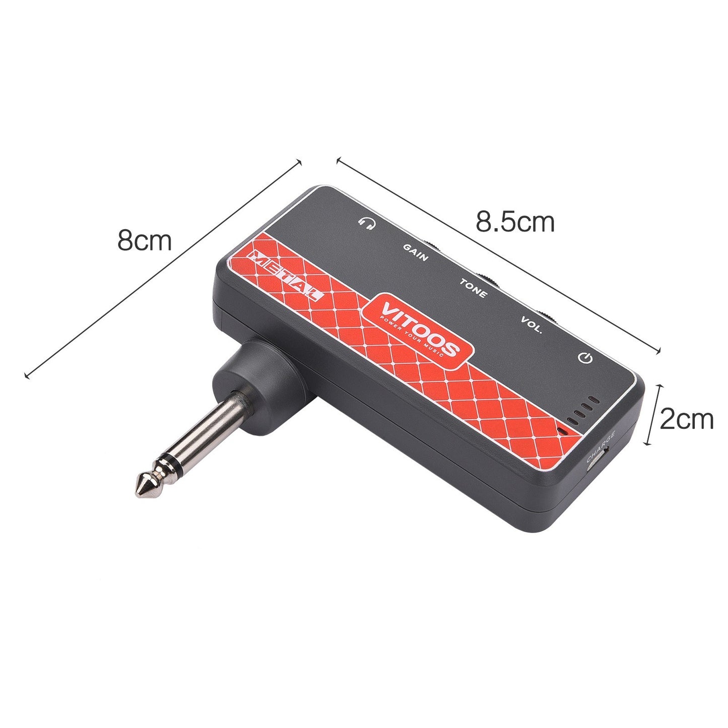VITOOS METAL Guitar Headphone Amplifier with 1/4 Plug, 3.5mm Jack, Aux In, Gain, Tone & Volume Controls, Rechargeable Battery