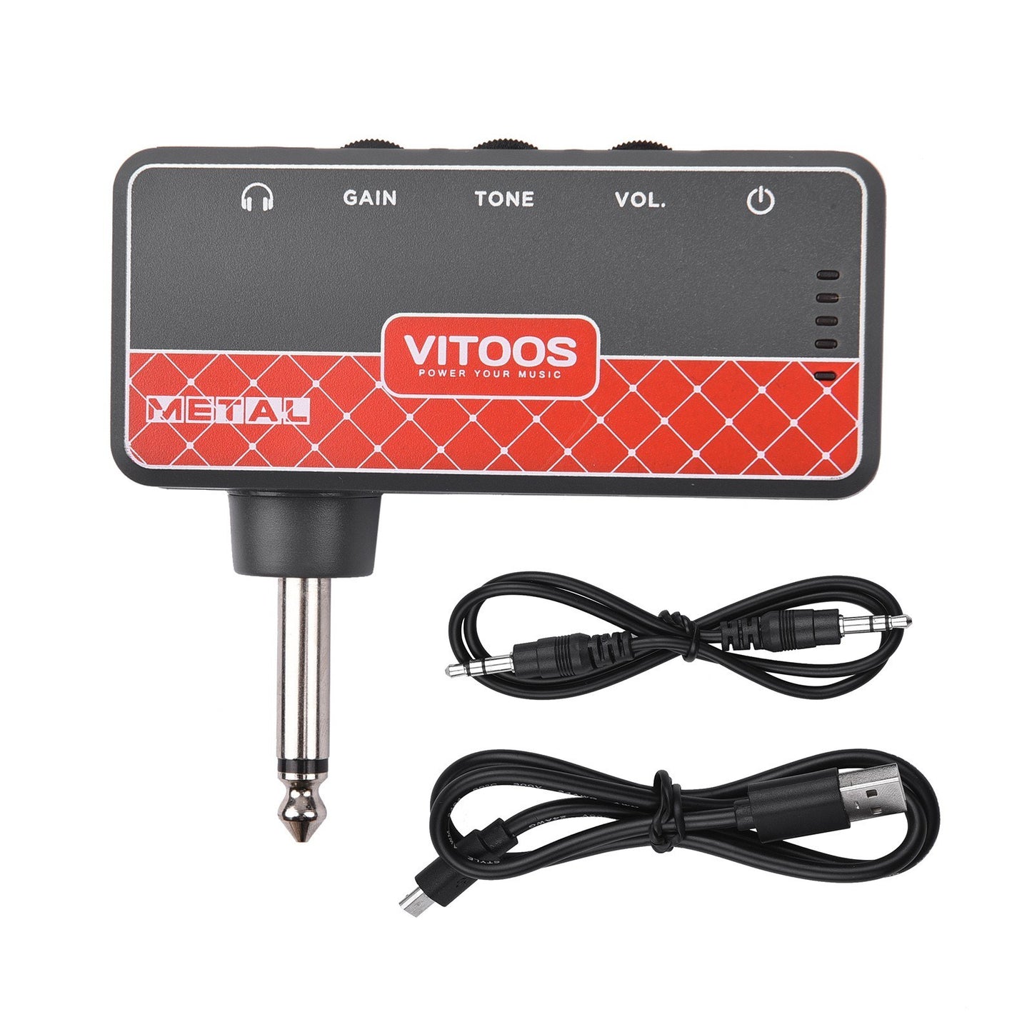 VITOOS METAL Guitar Headphone Amplifier with 1/4 Plug, 3.5mm Jack, Aux In, Gain, Tone & Volume Controls, Rechargeable Battery