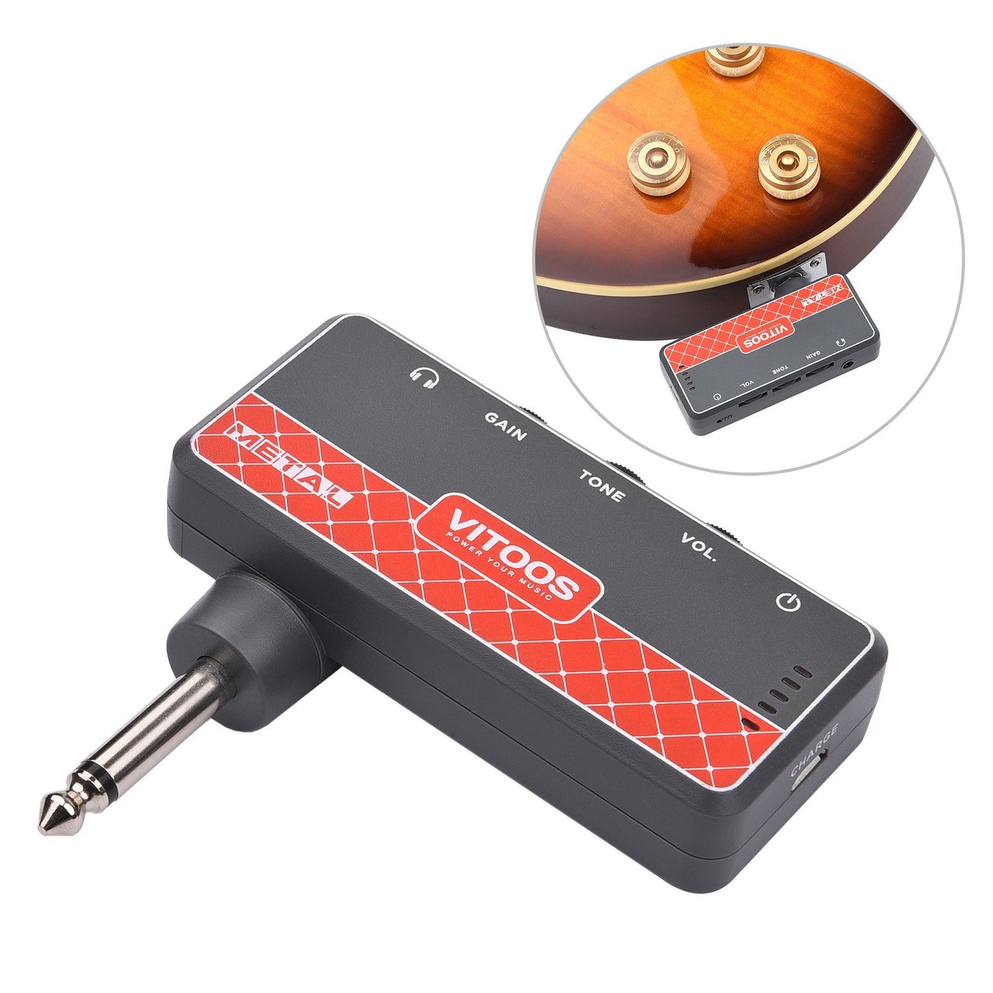 VITOOS METAL Guitar Headphone Amplifier with 1/4 Plug, 3.5mm Jack, Aux In, Gain, Tone & Volume Controls, Rechargeable Battery