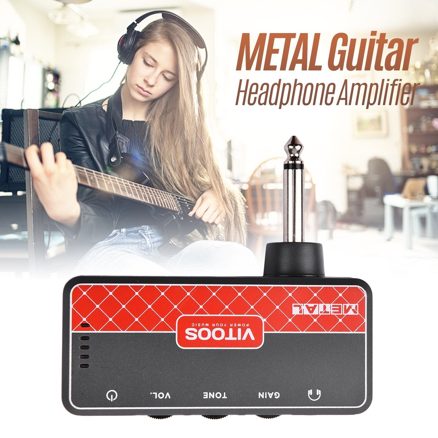 VITOOS METAL Guitar Headphone Amplifier with 1/4 Plug, 3.5mm Jack, Aux In, Gain, Tone & Volume Controls, Rechargeable Battery