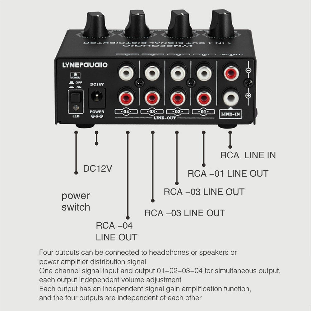 LYNEPAUAIO Stereo Audio Amplifier: 1-in-4-out Signal Distributor