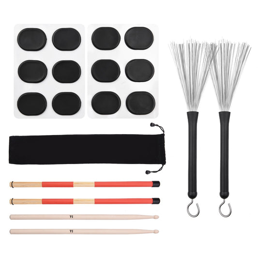 Complete Drumsticks Set: Retractable Wire Brushes, 19-Rod Bamboo Brushes, 5A Maple Wood Drumsticks, Mute Pads for Jazz & Acoustic Music Lovers