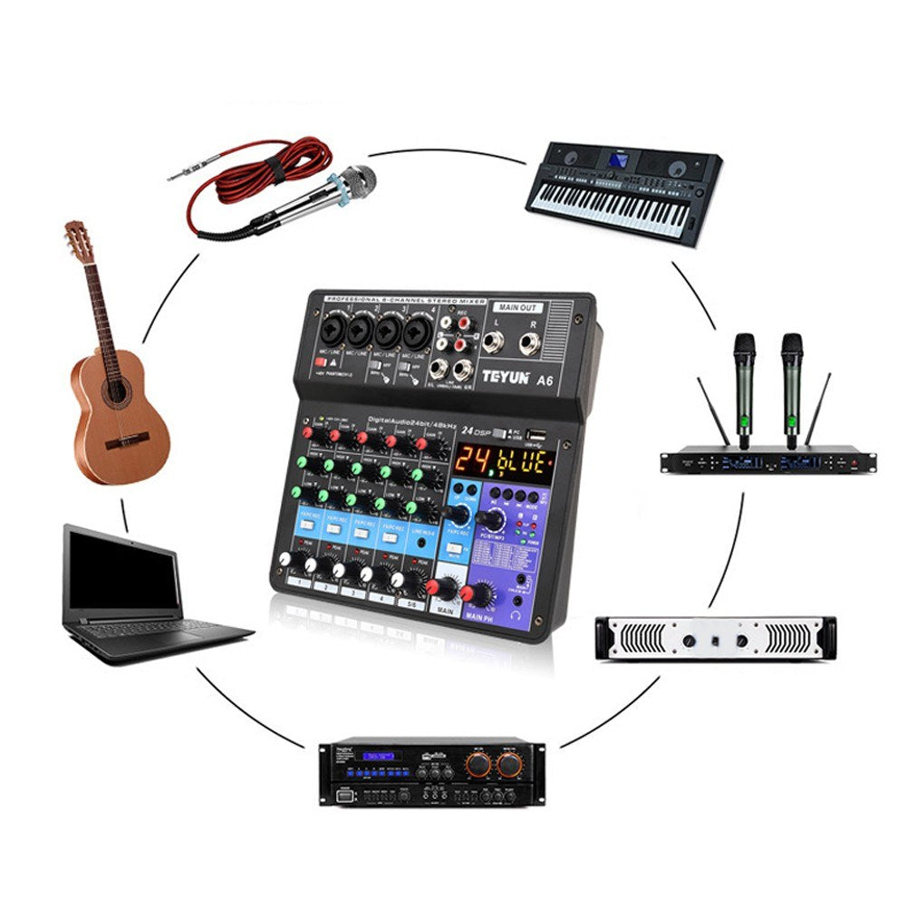 A6 6-Channel Portable Mini Audio Mixer Console with Sound Card