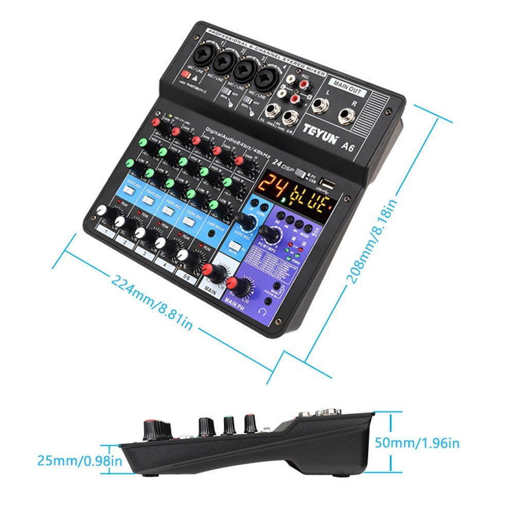 A6 6-Channel Portable Mini Audio Mixer Console with Sound Card