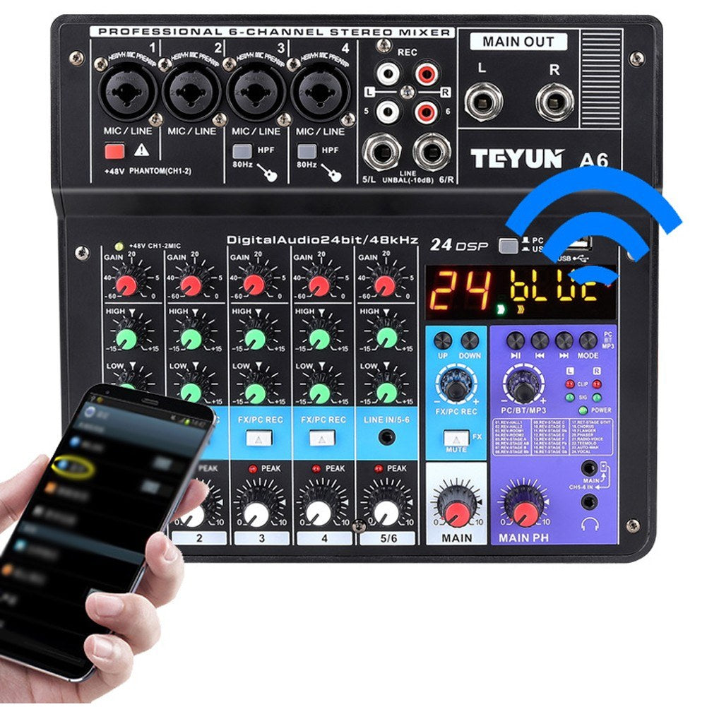 A6 6-Channel Portable Mini Audio Mixer Console with Sound Card