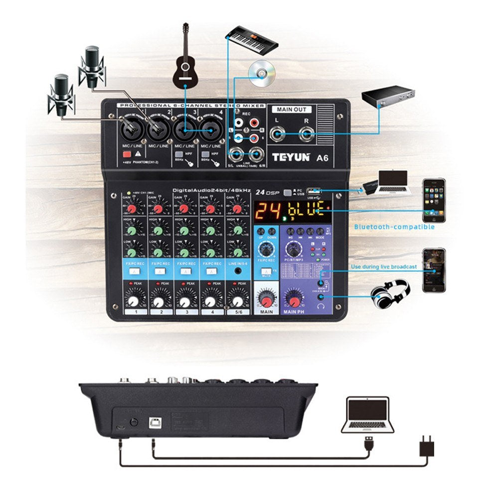 A6 6-Channel Portable Mini Audio Mixer Console with Sound Card