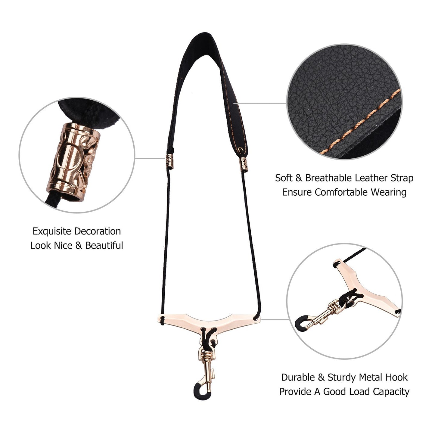 Soft Leather Padded Saxophone & Clarinet Neck Strap with Metal Hook - Adjustable Fit