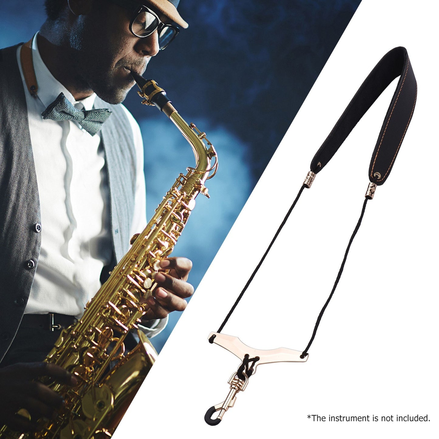 Soft Leather Padded Saxophone & Clarinet Neck Strap with Metal Hook - Adjustable Fit