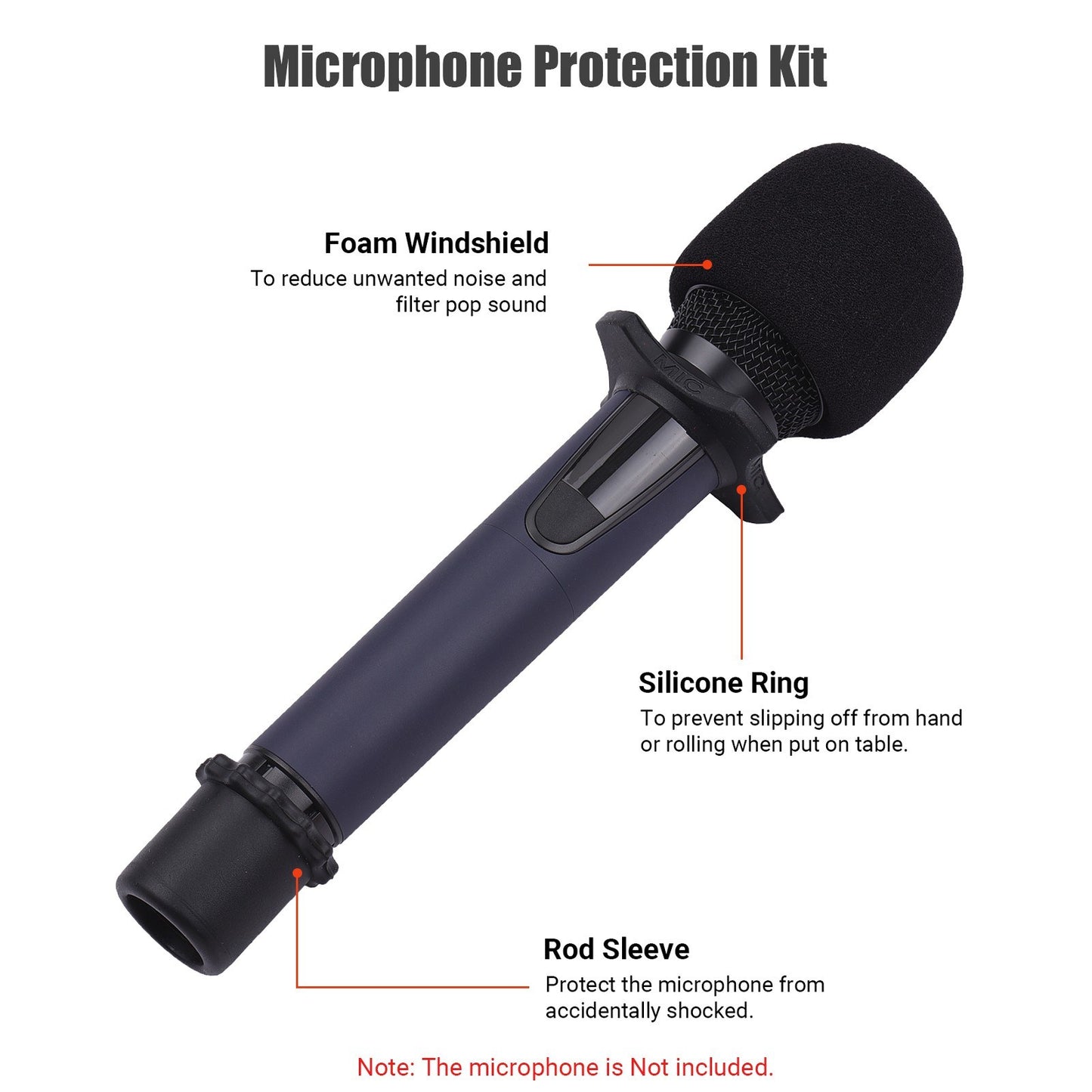 Muslady Wireless Handheld Mic Protection Kit: Foam Windshield, Anti-Roll Silicone Ring, Rod Sleeve Holder
