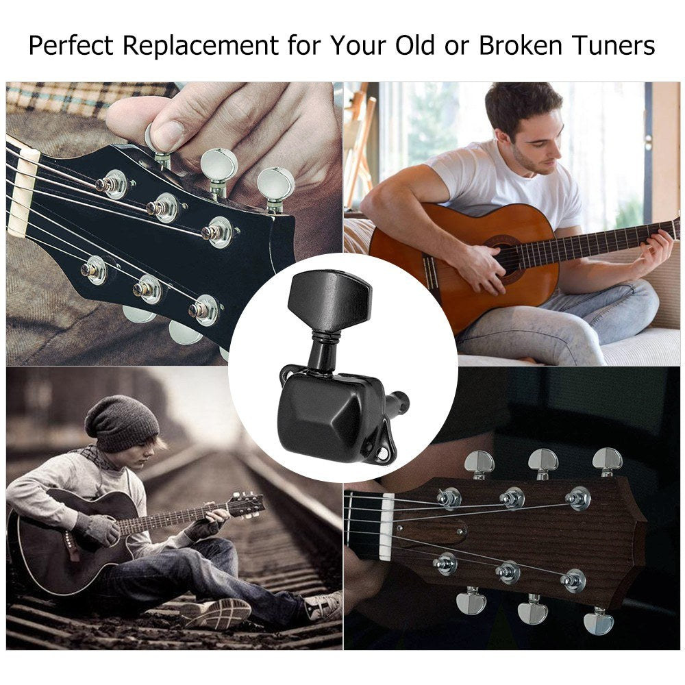 6-Piece Black Guitar Tuning Pegs - Semi-Closed Tuners for Electric & Acoustic Guitars (3L + 3R)