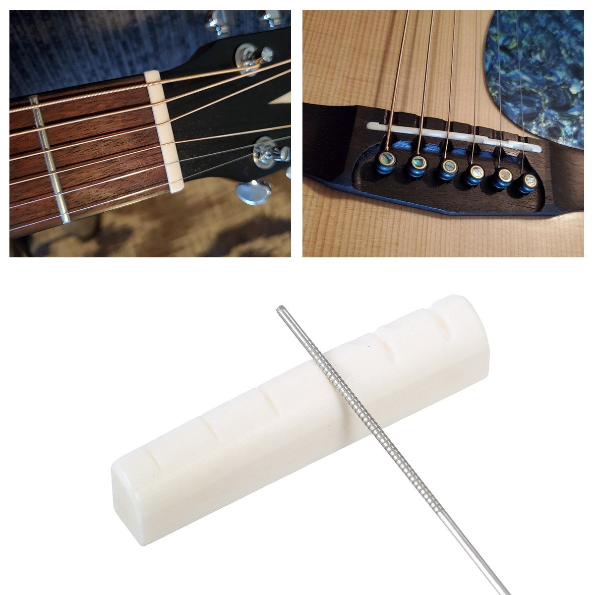 6 String Acoustic Guitar Pre-Slotted Bone Nut & Saddle with Nut Files & Sandpapers for Classical/Electric Guitar Repair