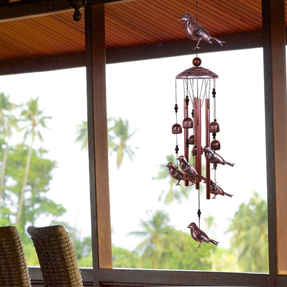 Bird Wind Chimes with 4 Aluminum Tubes, 6 Bells & 7 Birds for Indoor/Outdoor Decor